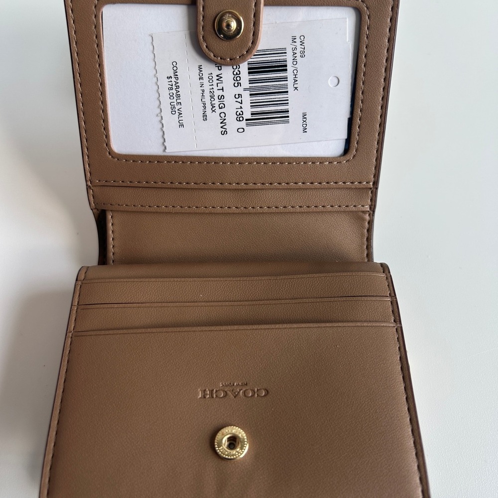 Coach Snap Wallet Sand Chalk Signature Canvas Leather Bifold Good - Picture 3 of 4